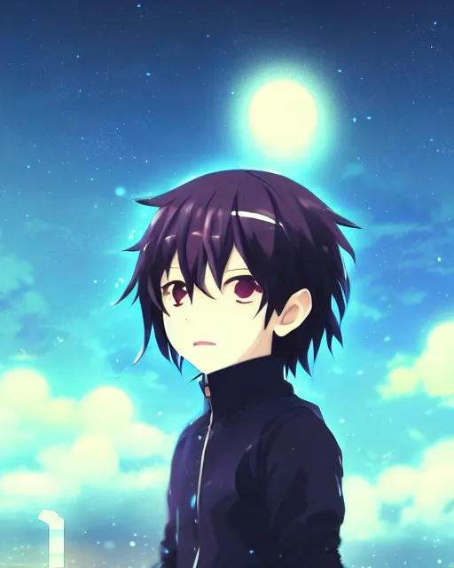 Image similar to chibi, cute, melancholy, full body, male anime character, long dark hair, stunning art style, filters applied, lunar time, night sky, trending art, sharp focus, centered, landscape shot, fate zero, simple background, studio ghiblyi, makoto shinkai, yuji yamaguchi, by wlop