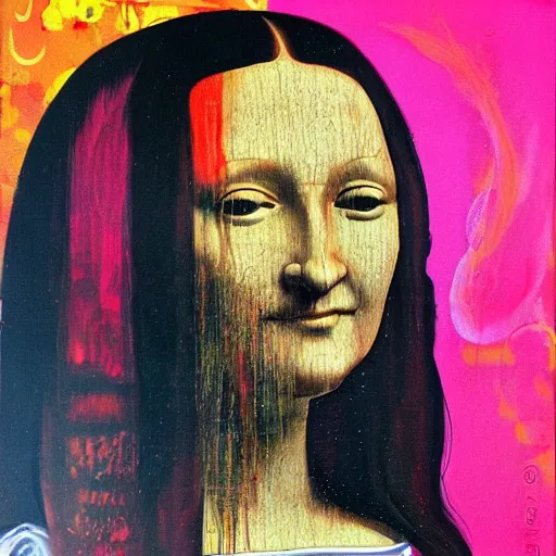 Image similar to monalisa in the style of david choe!!!!!!!!!!, oil on canvas, by david choe!!!!!!!!!!