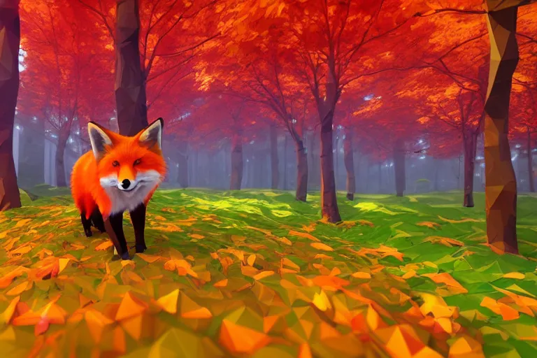 Image similar to super detailed color lowpoly art, red fox in an autumn maple forest, unreal engine, retrowave color palette, 3 d render, lowpoly, colorful, digital art, perspective