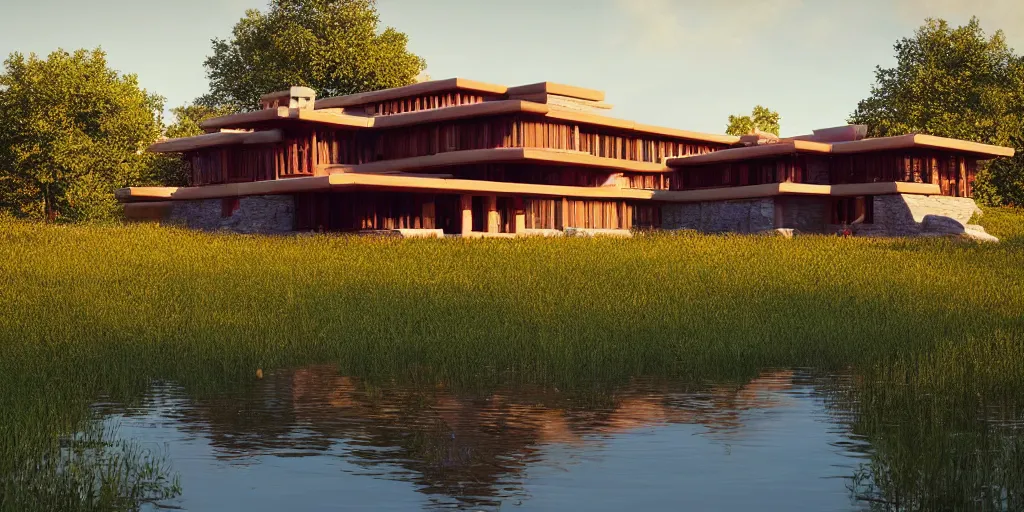 Image similar to cottagecore illustration of a Frank Lloyd Wright house in a meadow by stream in Spring, Pixar and Disney animation, sharp, Rendered in Unreal Engine 5, art by Greg Rutkowski, Bloom, dramatic lighting, sunrise