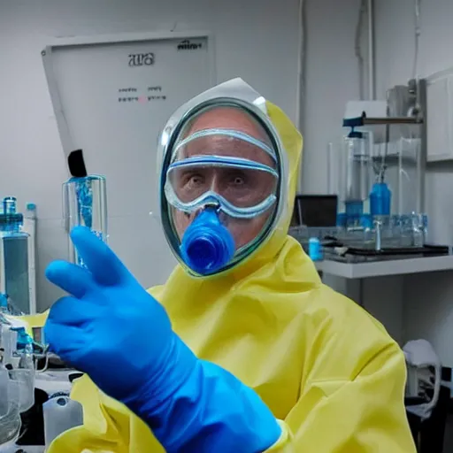 Image similar to vladimir putin in hazmat suit in a lab with blue crystals