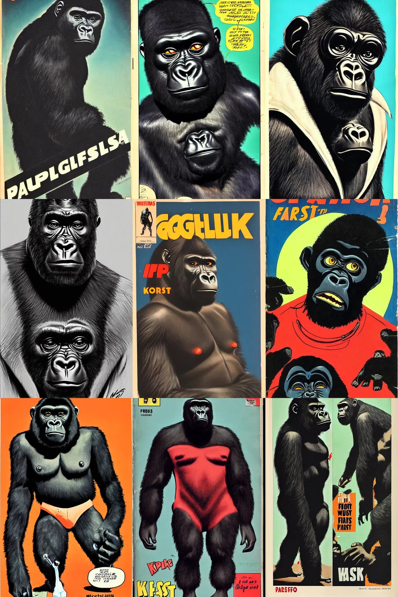Prompt: scifi portrait of a gorilla that looks like kanye west. McGinnis, pulp comic style, circa 1958, photorealism