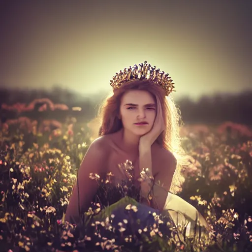 Image similar to Fine art photo of the most beautiful woman, she is posing while maintain a sweet eye contact to the camera, she has a crown of flowers, she has perfect white teeths, she is sitting on a field of lavader, she is getting ulluminated by the rays of the sunset, the photo was taking by Annie Leibovitz, Ellie Victoria Gale, Steve McCurry, matte painting, oil painting, naturalism, 4k, 8k