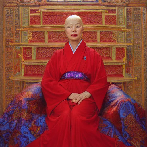 Prompt: portrait of an east asian priestess, dressed in red, by donato giancola.