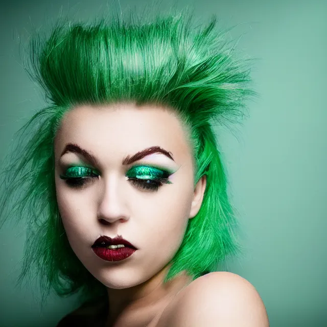 Image similar to close kodachrome photograph face of beautiful girl with green hair and lizard skin, studio lighting