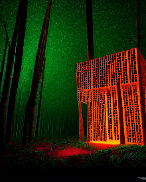 Prompt: building by diebedo francis kere, at night thermal vision rainforest lightpaint at dusk thermal imaging reclaimed by nature laser fisheye darkacademia forest myst hyperrealism, archdaily, wallpaper, highly detailed, trending on artstation.