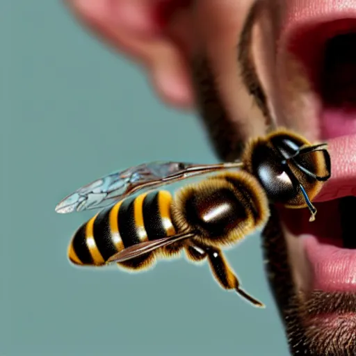 Image similar to photograph of bees crawling out of a smiling mans mouth, 8k resolution, high detail, ULTRA REALISTIC VFX, reflections