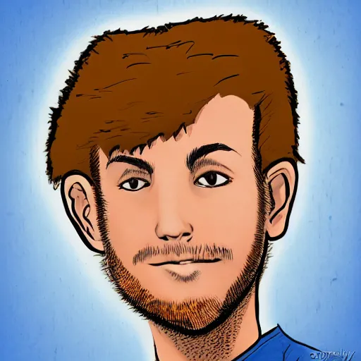 Image similar to a head - on comic - style portrait of a 2 0 - something engineering student, brown messy hair, by laurie greasly