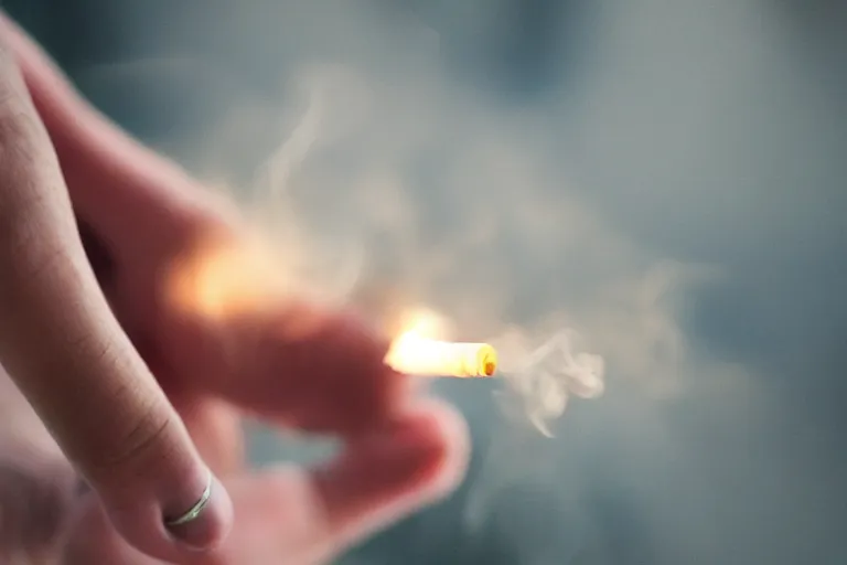 Image similar to Close-up of thin soft hand holding cigarette, with smoke, hand with five fingers, hyper realistic, high details, photo, super resolution