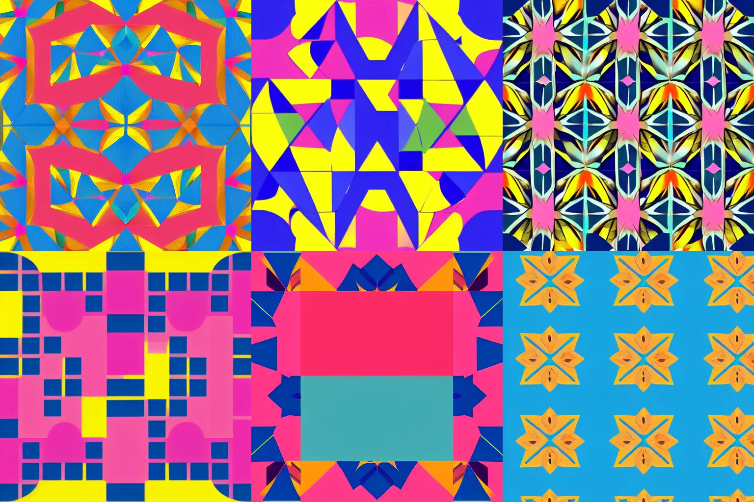 Prompt: geometric pattern using the blue square emoji, yellow circle emoji, leaves emoji and pink flower emoji