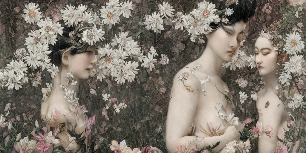 Image similar to breathtaking detailed concept art painting art deco pattern of faces goddesses of white flowers with anxious piercing eyes and blend of flowers and birds, by hsiao - ron cheng and john james audubon, bizarre compositions, exquisite detail, extremely moody lighting, 8 k