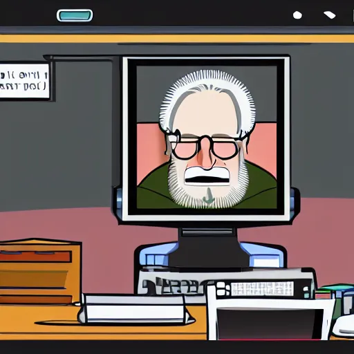 Image similar to old man trapped in a computer screen, screenshot