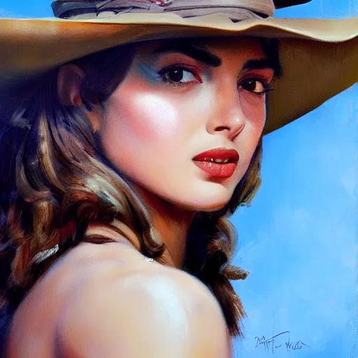 Image similar to ultra realistic head and shoulders portrait painting of ana de armas as a western outlaw, art by frank frazetta, 4 k, ultra realistic, highly detailed, epic lighting