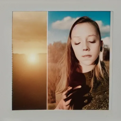 Prompt: polaroid collage, sunllight, girl, wolf