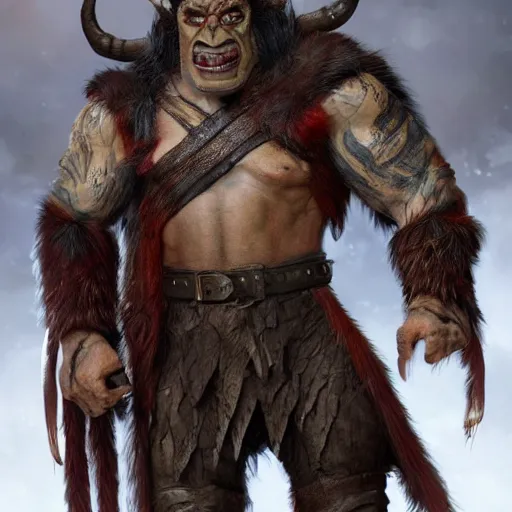 Prompt: A full body shot of a handsome orc looking into the camera wearing a leather fur jacket and boots, full body shot, detailed face, artstation, realistic, highly detailed, symmetrical, hyper realistic, dynamic pose, high detail, octane render, unreal engine, 8k, fantasy art, highly detailed, concept art, art by greg rutkowski