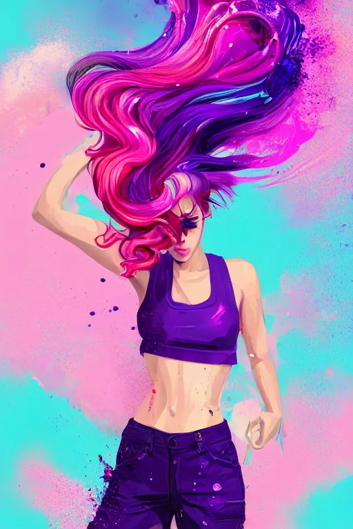 Image similar to a award winning half body porttrait of a beautiful woman in a croptop and cargo pants with ombre purple pink teal hairstyle with head in motion and hair flying, paint splashes, splatter, outrun, vaporware, shaded flat illustration, digital art, trending on artstation, highly detailed, fine detail, intricate