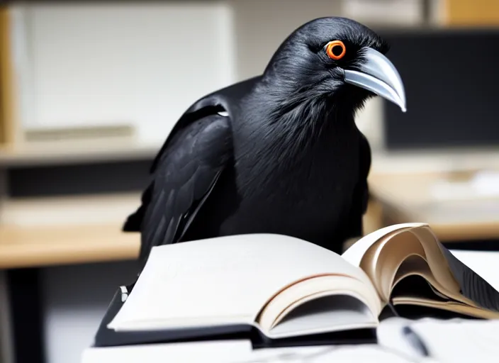 Prompt: photo of a crow in a suit and glasses, reading a document at a desk in an office. Highly detailed 8k. Intricate. Sony a7r iv 55mm. Award winning.