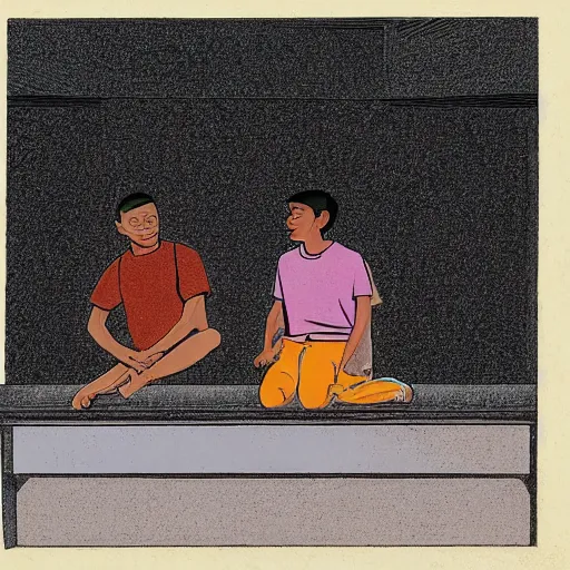 Image similar to art of two singaporean students sitting on the roof of a hdb flat, by moebius