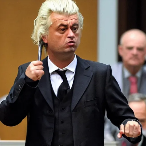 Prompt: geert wilders as judge raising hammer looking angry