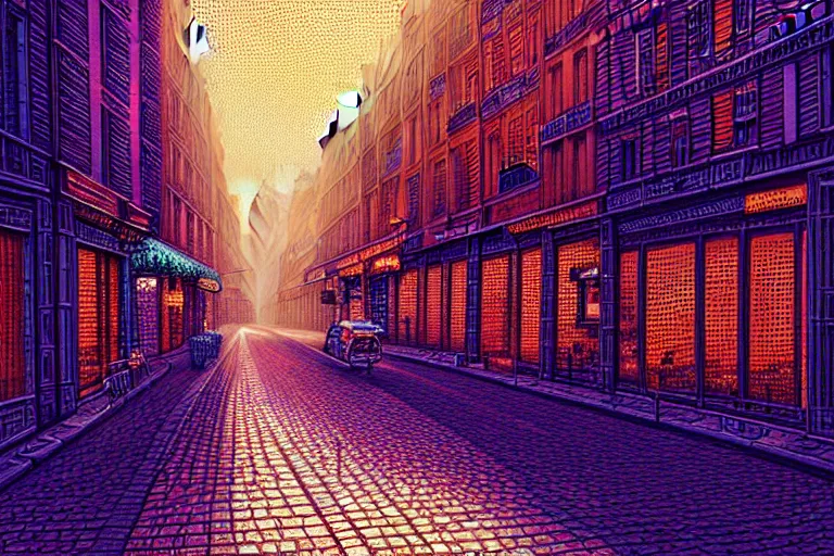 Image similar to a city street in paris under the dark sun, beautiful detailed pixelart by albertov, intricate details, beautiful, dithered gradients, volumetric lighting, cgsociety, artstation, smooth, sharp focus, 2 d illustration, amazing art by dan mumford