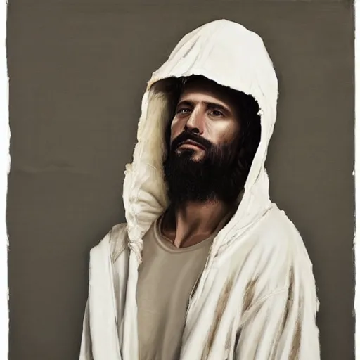 Image similar to a full body portrait of modern day jesus wearing cream fear of god menswear collection by nicola samori, hat and hoodie, detailed, oil painting, hyper realistic, 8 k, yeezy collection