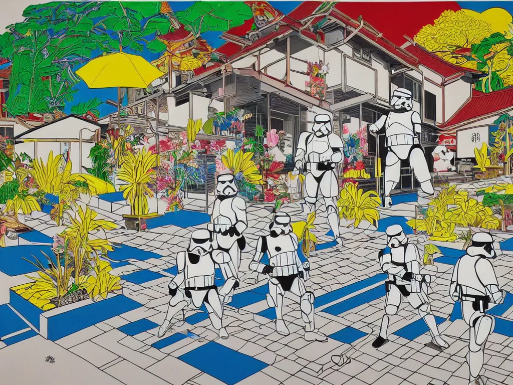 Prompt: hyperrealism composition of the japanese house with a hot springs onsen in the garden, two detailed stormtroopers in hot springs, pop - art style, jacky tsai style, andy warhol style, roy lichtenstein style, acrylic on canvas