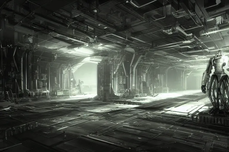 Prompt: parallax datacenter server room interior single mono colossus white rusty android guest robosaurus pacing artstation cinematic detailed concept art volumetric light sharp coherent cgsociety symmetric perfect well balanced shadows lotr hardware