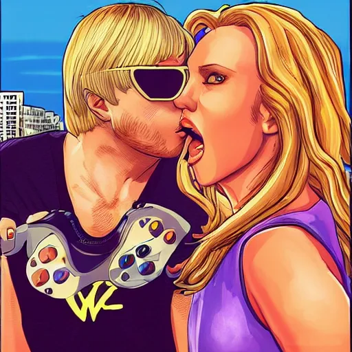 Image similar to SNES graphics playing Xbox 360 but it's a Sega Genesis making out with Britney Spears in GTA, cover art by Stephen Bliss, artstation