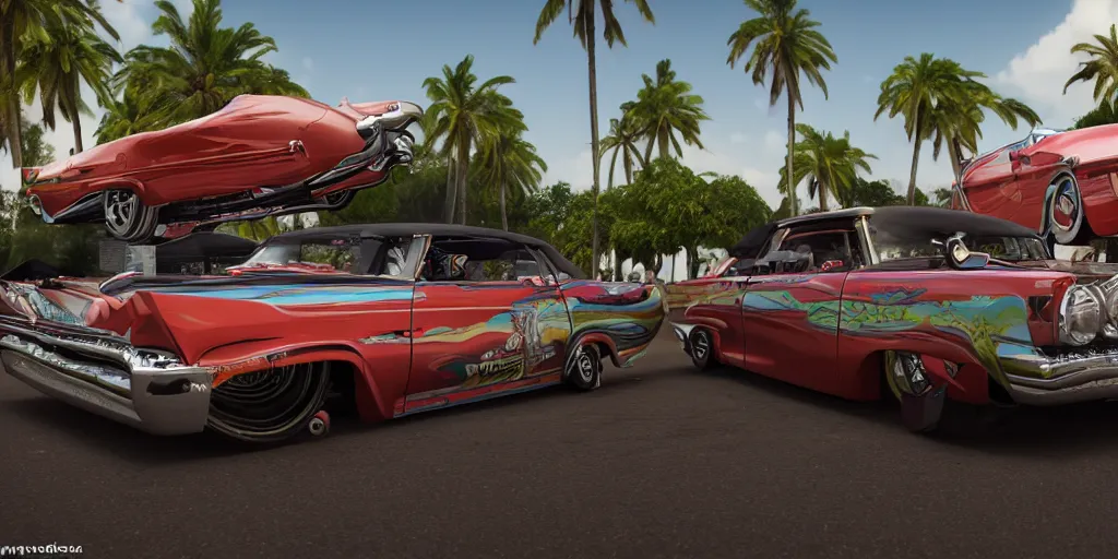 Prompt: highly detailed photo of an award winning lowrider, cruising at a car show, car bounce, air suspension, fan girls, 8 k, octane render, unreal engine, ue 5, photoshop, maya, ray tracing