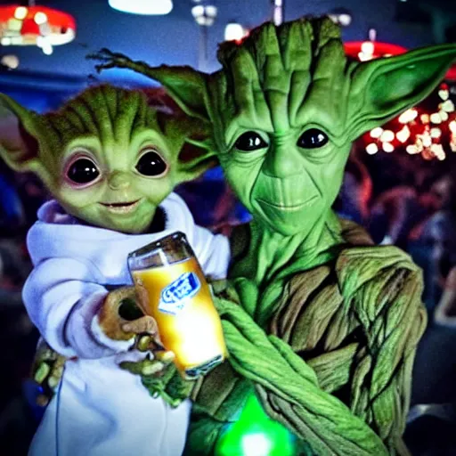 Image similar to “Baby yoda and Groot drinking beer at Oktoberfest , cinematic lighting”