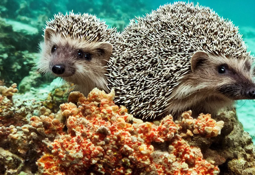 Image similar to a hedgehog swimming in a coral reef