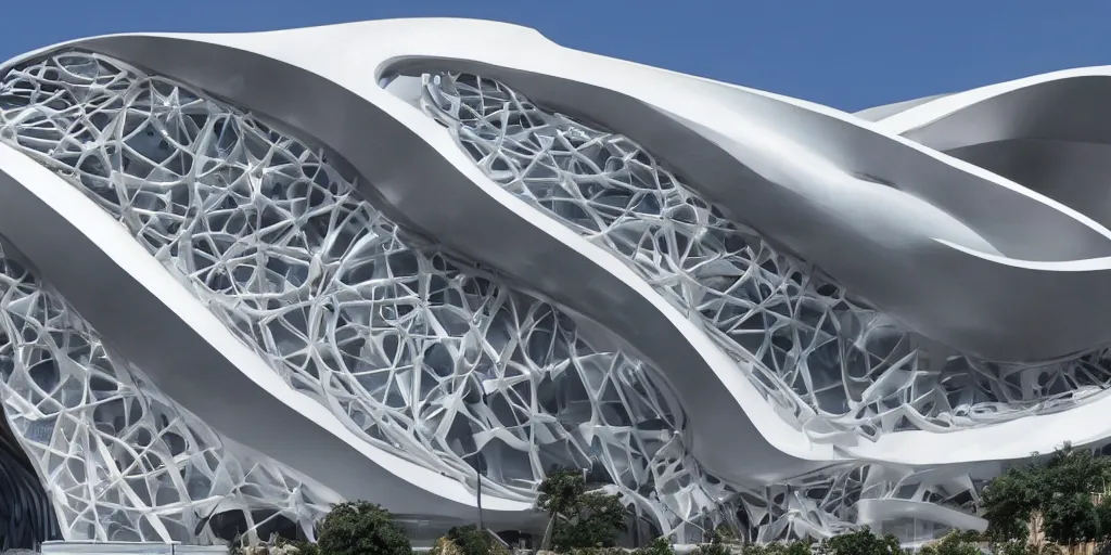 Image similar to extremely detailed ornate stunning beautiful elegant futuristic museum exterior by Zaha Hadid