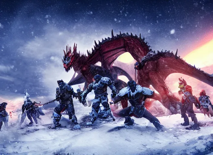 Prompt: A group of heroes fighting a massive white terrifying dragon in a snowy landscape at night with the northern lights, 8k artistic photography, trending on artstation