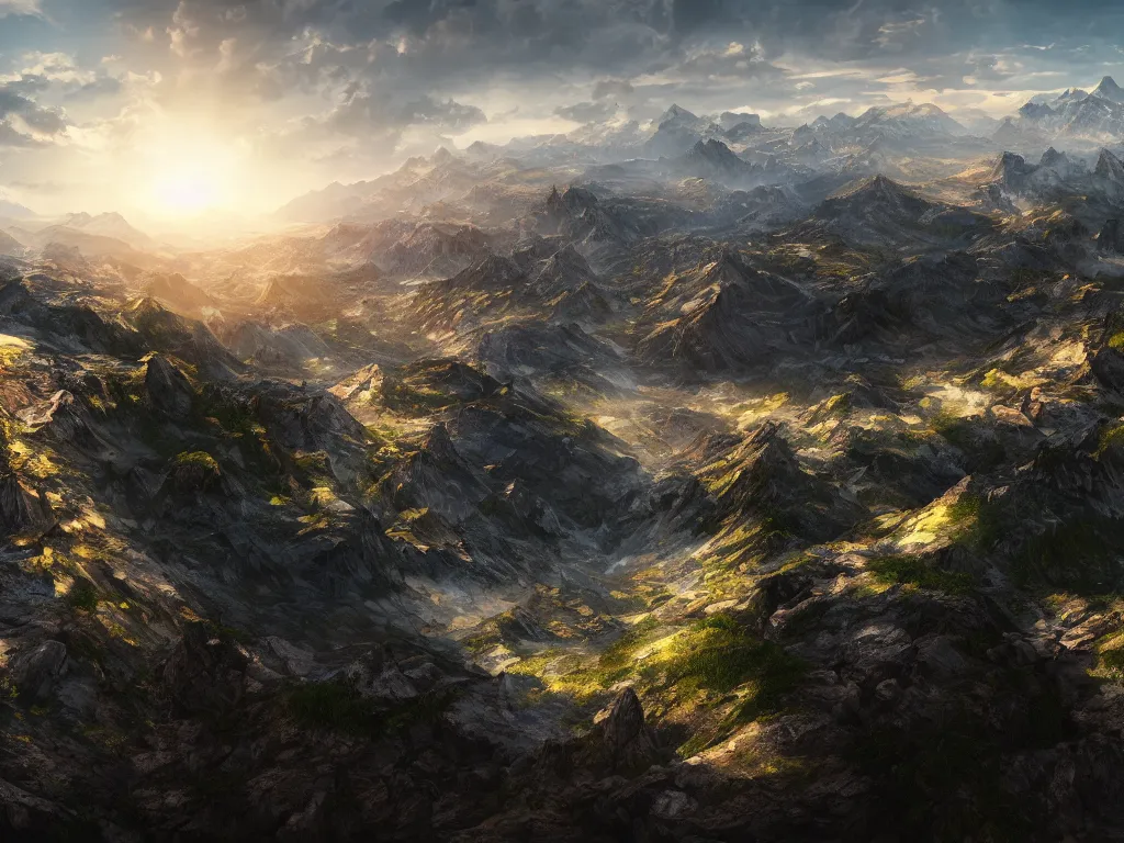 Prompt: epic view from a mountaintop, high mountains, digital painting, realistic render, 4k, 8k, photography, unreal engine, wallpaper, cinematic