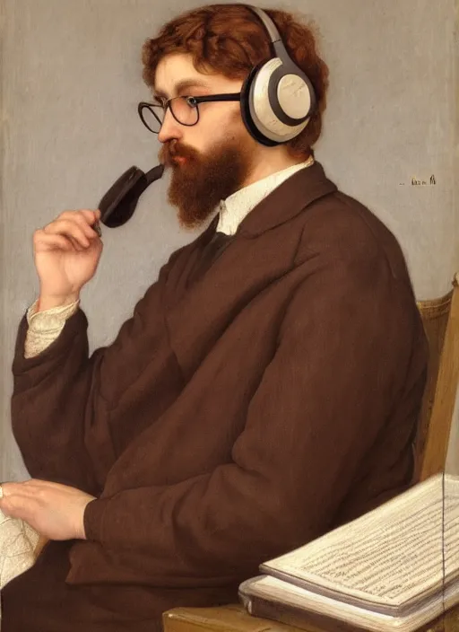 Prompt: Pre-Raphaelite portrait of a young beautiful brown-haired bearded male with glasses sitting in office wearing headset