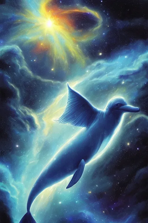 Image similar to Ethereal blue fire dolphin flying through a nebula, Sirius star system, star dust, cosmic, magical, shiny, glow,cosmos, galaxies, stars, outer space, stunning, by andreas rocha and john howe, and Martin Johnson Heade, featured on artstation, featured on behance, golden ratio, ultrawide angle, hyper detailed, photorealistic, epic composition, wide angle, f32, well composed, UE5, 8k