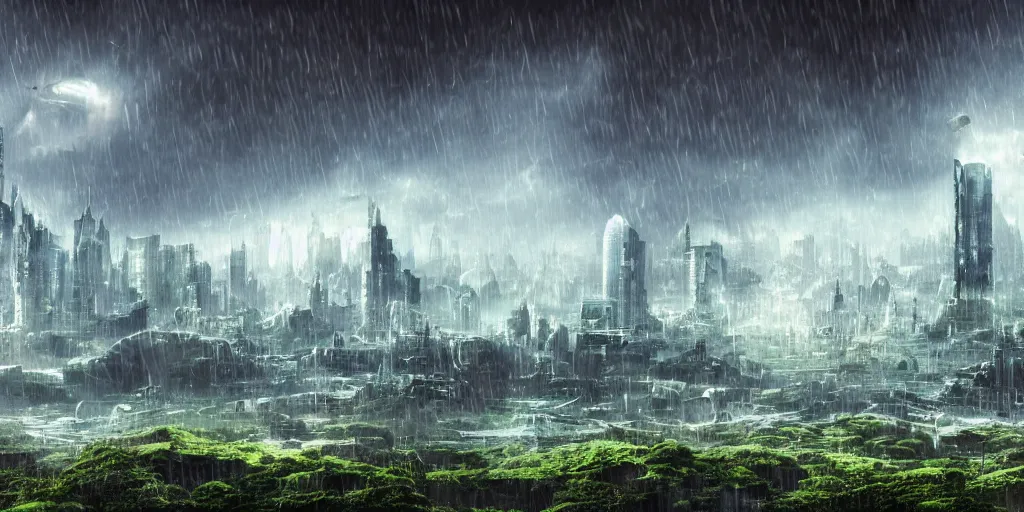 Prompt: beautiful alien world landscape on a rainy day with a sci-fi city in the background, high detail, high definition, photorealistic, 8k