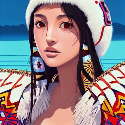 Image similar to a beautiful young japanese natalie portman alluring gravure model, stylized concept art, wearing elegant designer bomber jacket and one piece bikini, bomber jacket with mesoamerican patterns, mesoamerican native street fashion, princess mononoke, painted by ilya kuvshinov aesthetic, gorgeous, stunning, alluring, attractive, artstation, pinterest, digital art