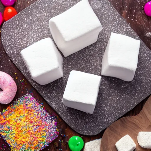 Prompt: photograph of delicious fluffy marshmallow cube with sprinkles on a dark wooden chopping board, pastel colours, professional food photography, photorealistic, depth of field, 4 k, canon 1 d, bohek