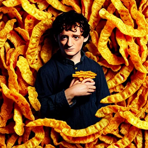 Image similar to uhd frodo made of fritos. photo by annie leibowitz