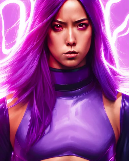 Image similar to Psylocke Chloe Bennet long hair, purple energy sword, realistic character concept, action pose, comic book, illustration, slender symmetrical face and body, artstation, cinematic lighting, hyperdetailed, artgerm, 8k, Rafeal Albuquerque comic book art, single face, insanely detailed and intricate, beautiful