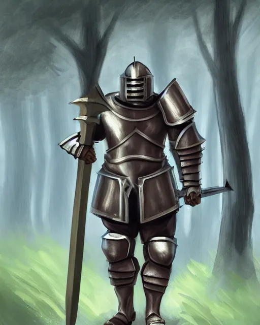 Image similar to concept art of a thicc knight, wearing heavy medival knight armor, holding a long sword, walking through a foggy oak forest | | epic - fine - clean, polished, trending on artstation, brush strokes