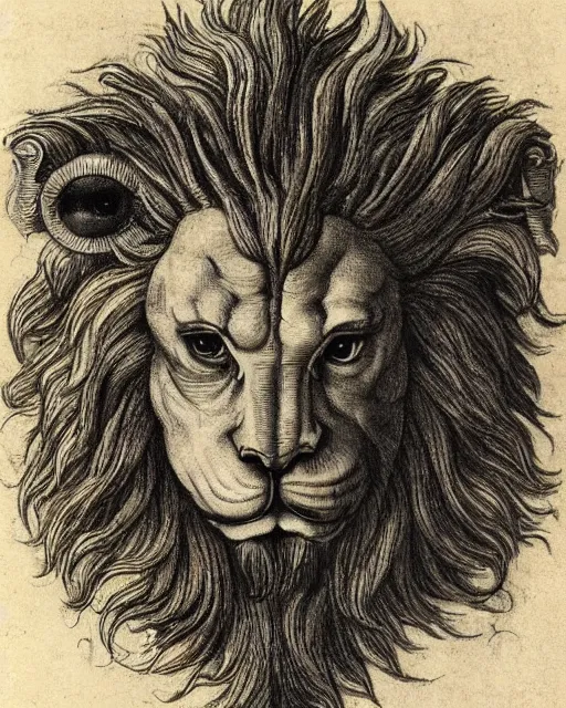 Prompt: a creature with four faces in one, human eyes, eagle beak, lion mane, two horns on the head, drawn by da vinci