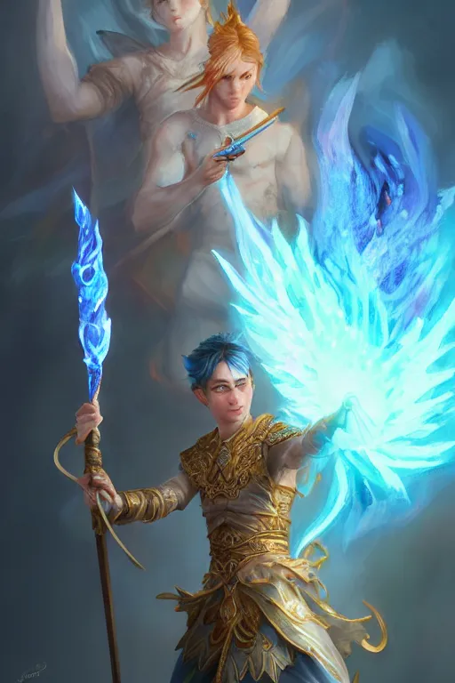 Image similar to legendary fairy prince hold flame staff, blue energy, highly detailed, d & d, fantasy, highly detailed, digital painting, trending on artstation, concept art, sharp focus, illustration, global illumination, ray tracing, realistic shaded, art by artgerm and greg rutkowski and fuji choko and viktoria gavrilenko and hoang lap