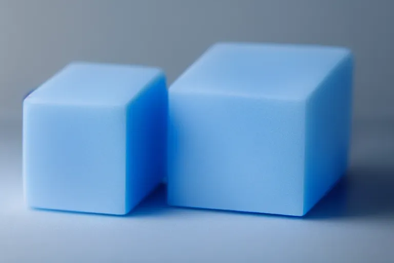 Prompt: single blue cube on white studio floor, soft light