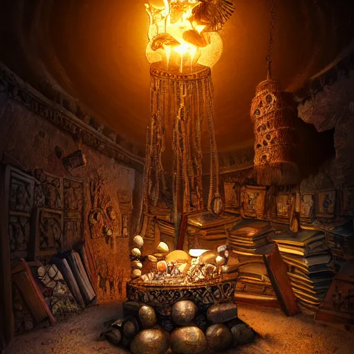 Prompt: epic view of an ancient dark byzantine cave interior, ornate oil lamp on a pile of crystals, books covered in jewels, ornate, surrounded by strange statues and treasure, full of sand and dust, hyper real, Indiana Jones, Tomb Raider, trending on artstation, concept art, cinematic, jewels