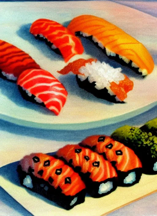 Image similar to clear photorealistic picture of disproportionate sushi, by salvador dali