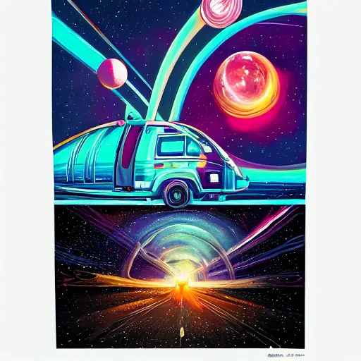 Prompt: Beautiful painting of a cosmic RV driving through space by Dan Mumford, hyperdetailed, trending on Artstation