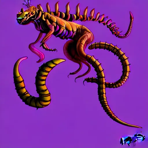 Image similar to don bluth, artgerm, joshua middleton, purple color pallete, welcome to night vale, lighthouse in the desert, giant centipede, spooky strange weird quirky, cartoon, 2 d, shades of purple