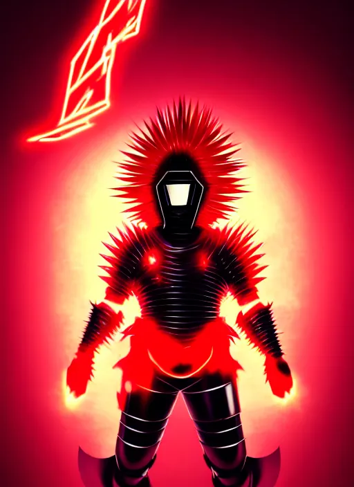 Image similar to a striking cinematic full body manga portrait of a long black haired masked male teenager wearing imposing red jagged spiked plate armour and glowing with raging powerful red energy by hirohiko araki and beeple, fine details, digital art, character concept art, volumetric lighting, cinematic light, photorealistic